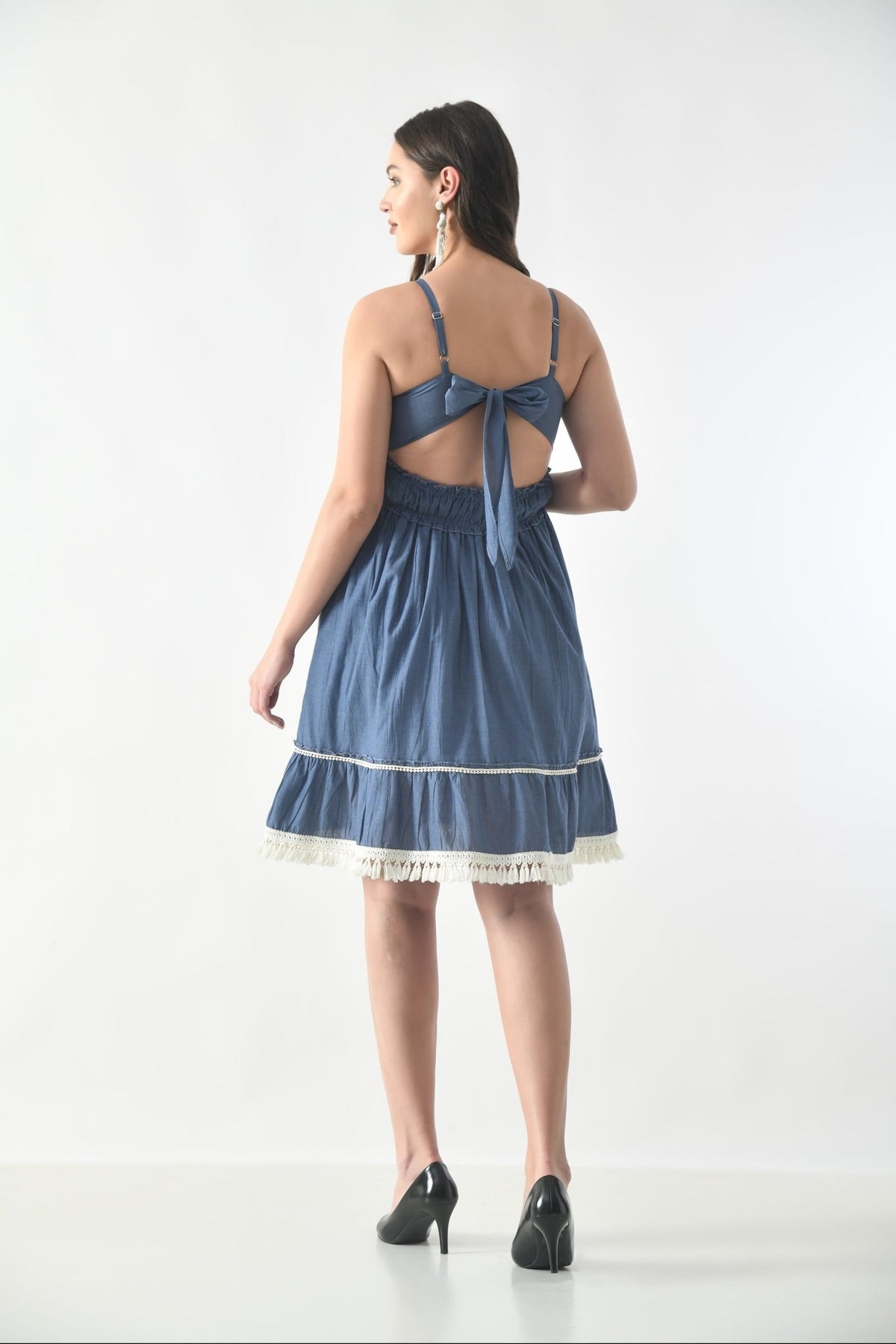 26445 Chambray Embroidered Tie-Back Midi Dress – Smocked Waist Boho Style - Advance Apparels Inc