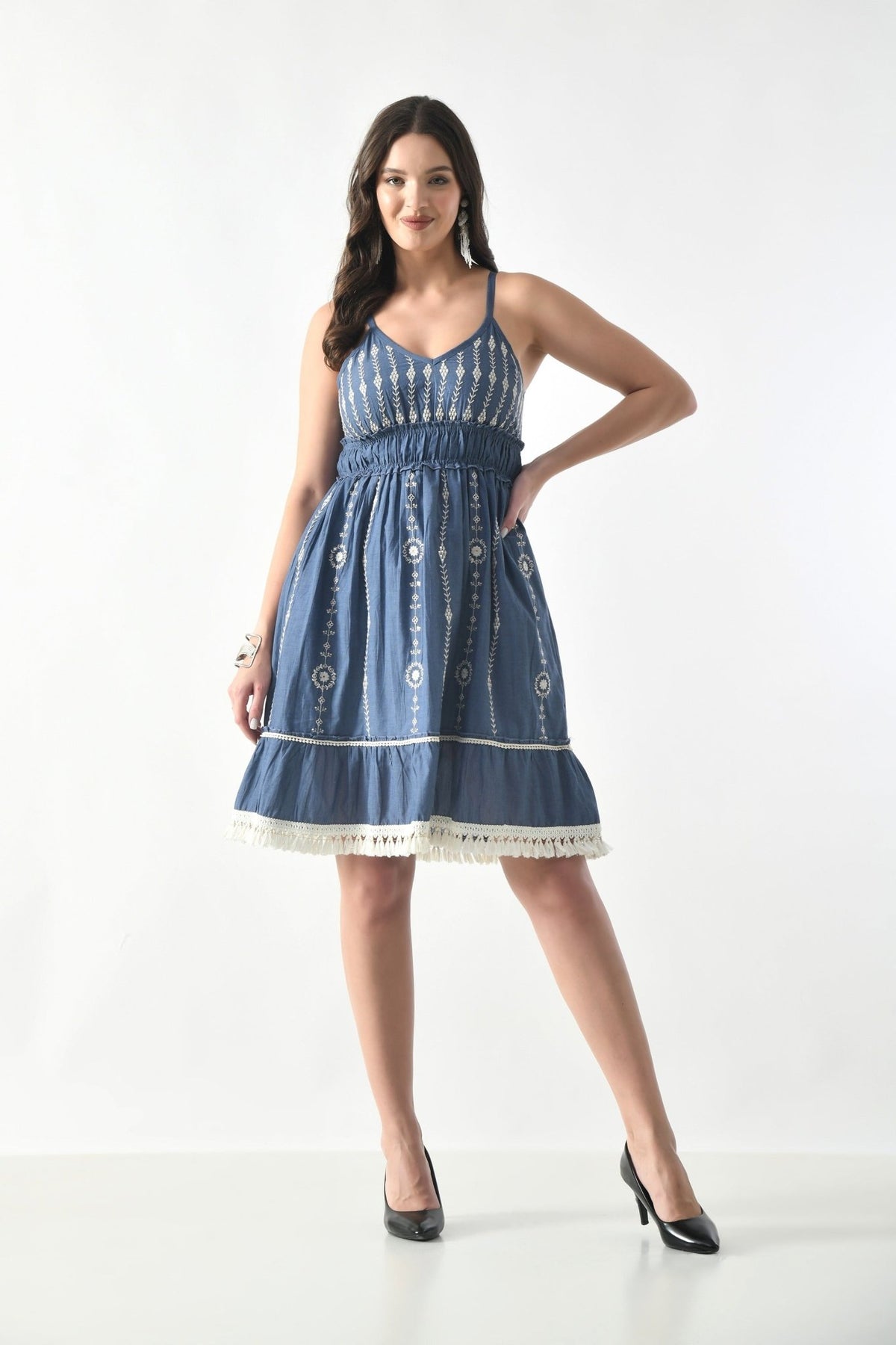 26445 Chambray Embroidered Tie-Back Midi Dress – Smocked Waist Boho Style - Advance Apparels Inc