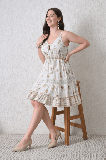 26446 Bohemian Gold Print Tiered Sundress – Gold print Mini Dress - Advance Apparels Inc