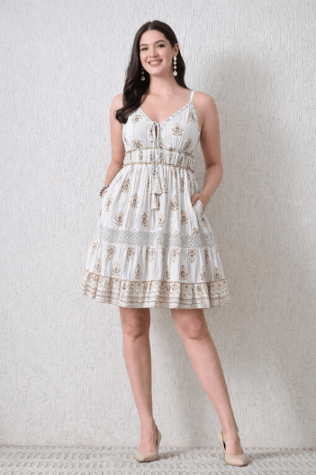 26446 Bohemian Gold Print Tiered Sundress – Gold print Mini Dress - Advance Apparels Inc