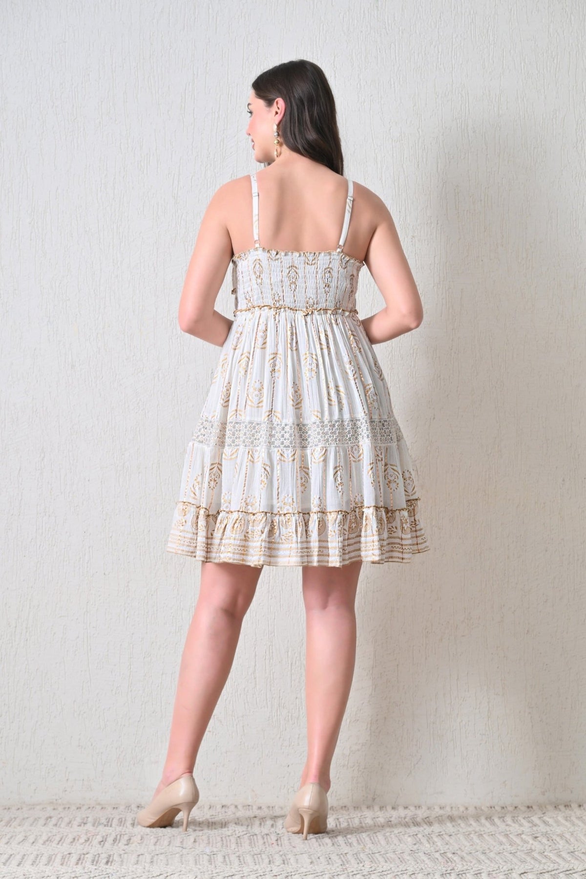 26446 Bohemian Gold Print Tiered Sundress – Gold print Mini Dress - Advance Apparels Inc