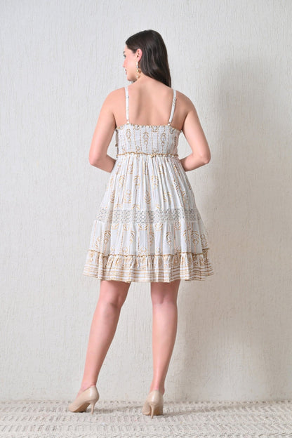 26446 Bohemian Gold Print Tiered Sundress – Gold print Mini Dress - Advance Apparels Inc