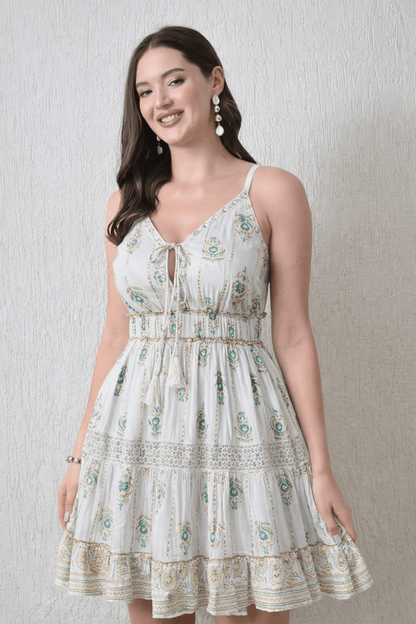 26446 Bohemian Gold Print Tiered Sundress – Gold print Mini Dress - Advance Apparels Inc