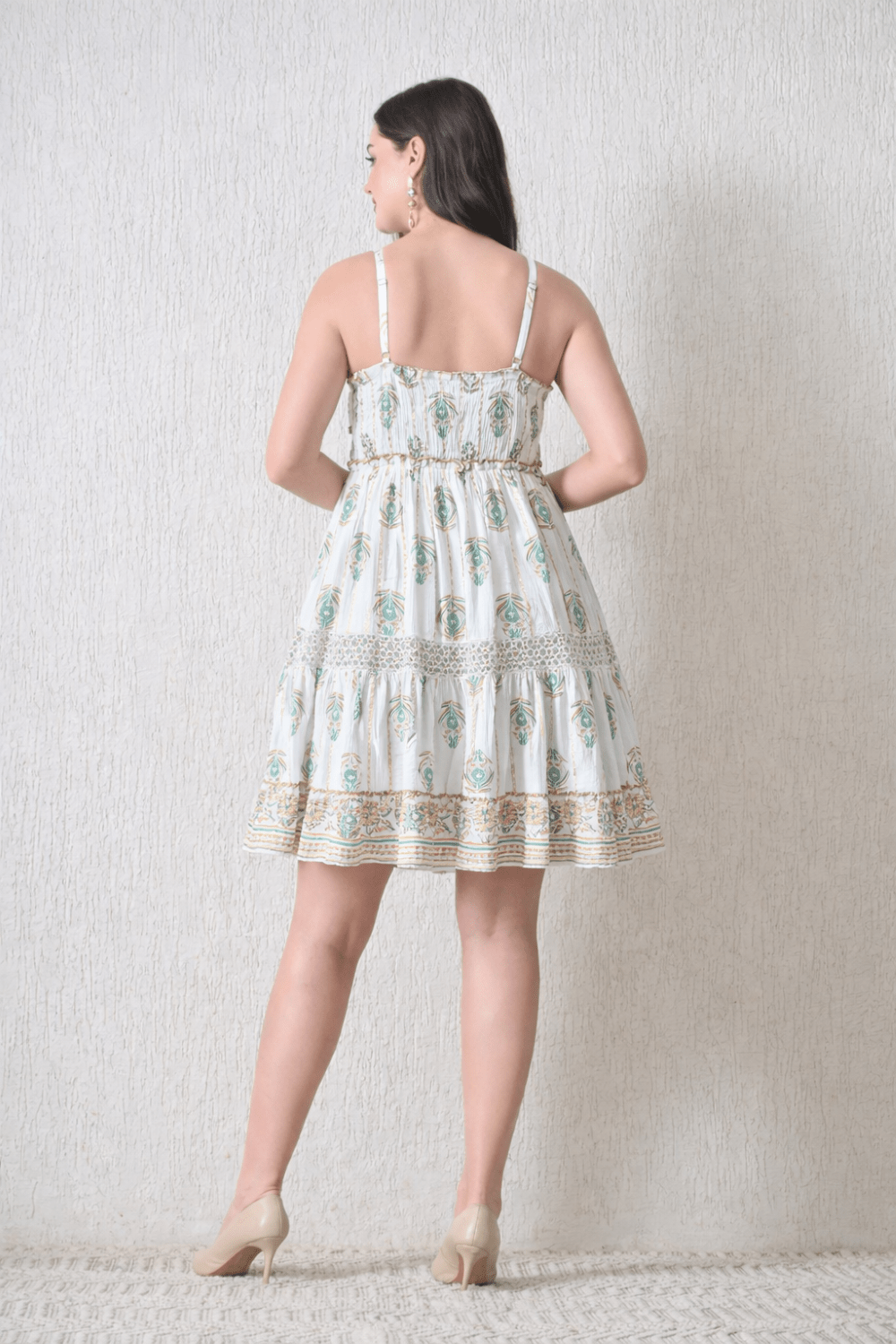 26446 Bohemian Gold Print Tiered Sundress – Gold print Mini Dress - Advance Apparels Inc