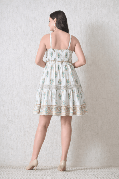 26446 Bohemian Gold Print Tiered Sundress – Gold print Mini Dress - Advance Apparels Inc