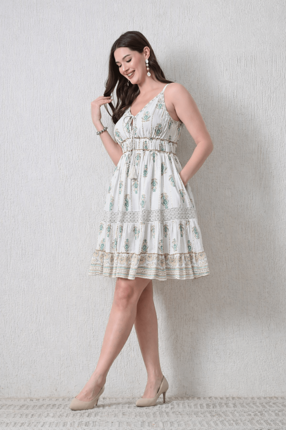 26446 Bohemian Gold Print Tiered Sundress – Gold print Mini Dress - Advance Apparels Inc