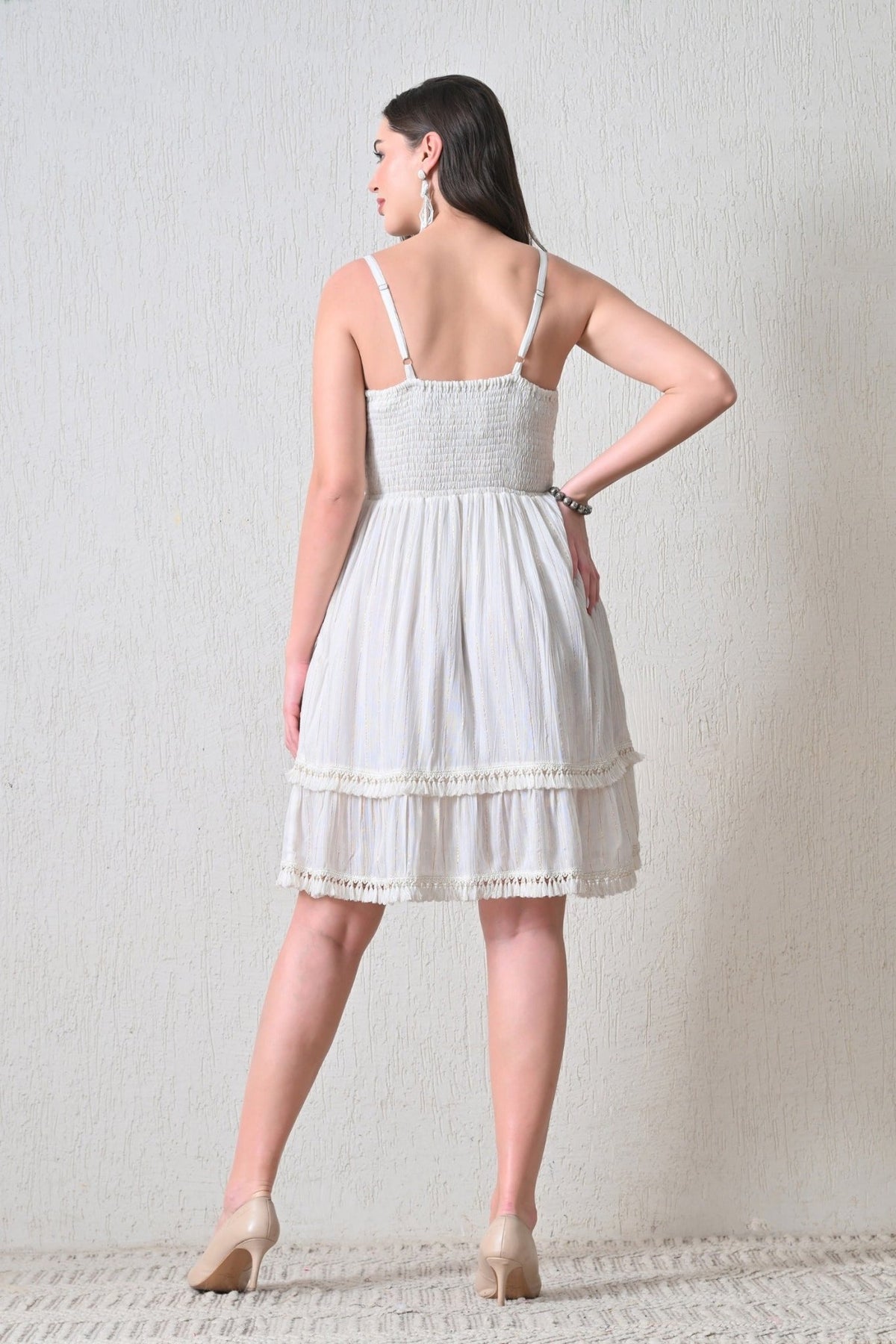 26448 Bohemian Smocked Mini Dress with Lace-Up Front & Embroidery Detail - Advance Apparels Inc