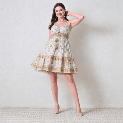 26449 Bohemian Printed Smocked Waist Sundress with Tassel Tie - Advance Apparels Inc