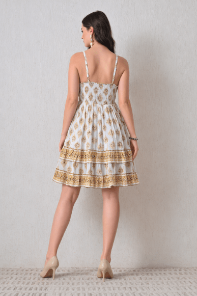 26449 Bohemian Printed Smocked Waist Sundress with Tassel Tie - Advance Apparels Inc