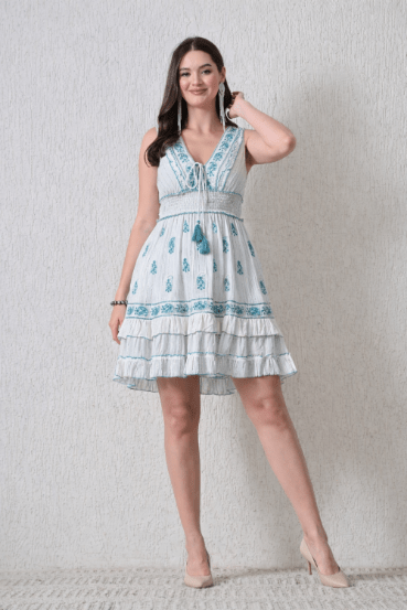 26452 Boho Embroidered Smocked Waist Mini Dress - Advance Apparels Inc
