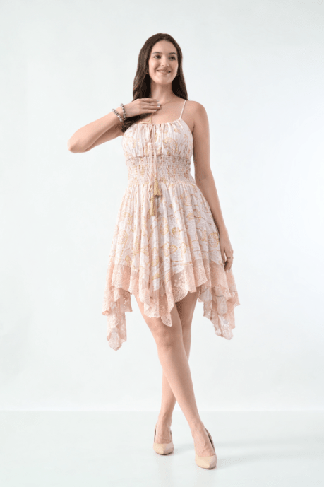 26453 Boho Smocked Handkerchief Hem Mini Dress – Rayon - Advance Apparels Inc