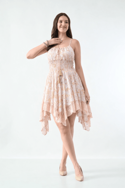 26453 Boho Smocked Handkerchief Hem Mini Dress – Rayon - Advance Apparels Inc