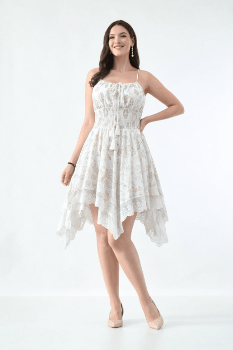 26453 Boho Smocked Handkerchief Hem Mini Dress – Rayon - Advance Apparels Inc
