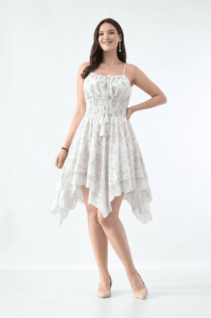 26453 Boho Smocked Handkerchief Hem Mini Dress – Rayon - Advance Apparels Inc