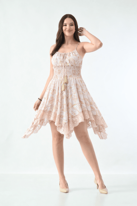 26453 Boho Smocked Handkerchief Hem Mini Dress – Rayon - Advance Apparels Inc