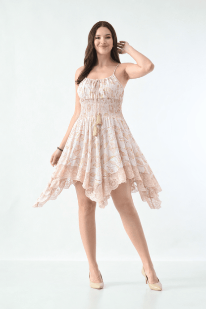 26453 Boho Smocked Handkerchief Hem Mini Dress – Rayon - Advance Apparels Inc