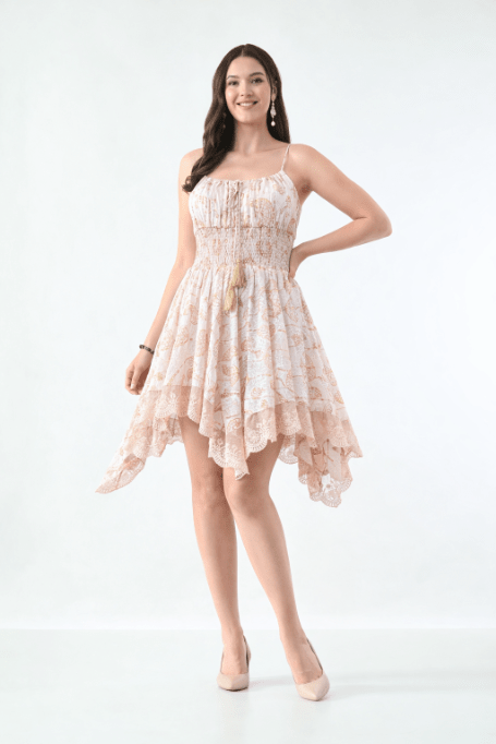 26453 Boho Smocked Handkerchief Hem Mini Dress – Rayon - Advance Apparels Inc