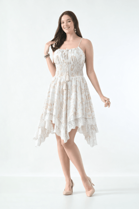 26453 Boho Smocked Handkerchief Hem Mini Dress – Rayon - Advance Apparels Inc