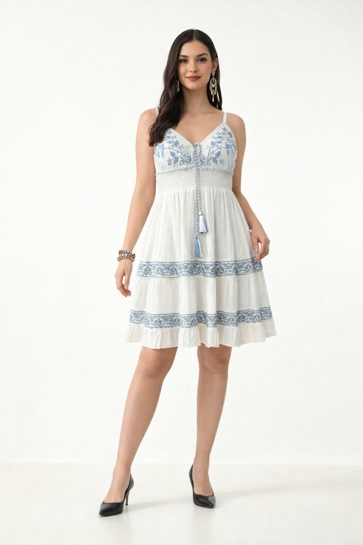 26455 Floral Embroidered Boho Mini Dress with Tassel Tie – Rayon - Advance Apparels Inc