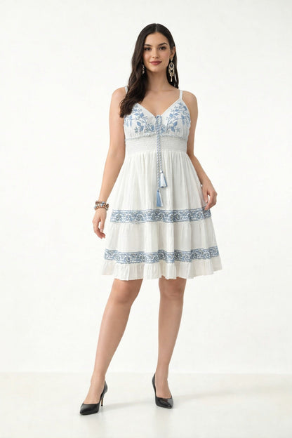 26455 Floral Embroidered Boho Mini Dress with Tassel Tie – Rayon - Advance Apparels Inc