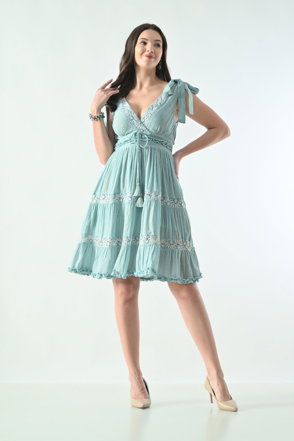 26456 Embroidered Boho Mini Dress with Tie Straps & Tassel Detail - Advance Apparels Inc
