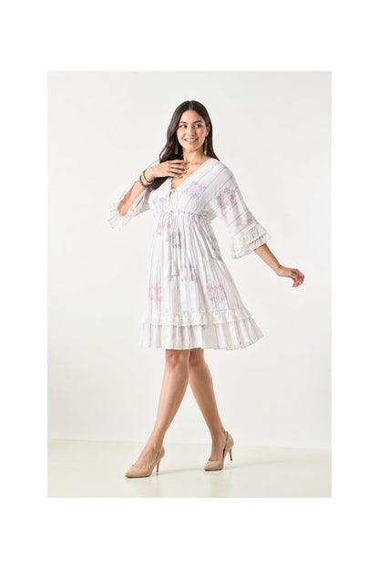 26457 Boho Embroidered Tiered Mini Dress with Lace Trim – Rayon - Advance Apparels Inc