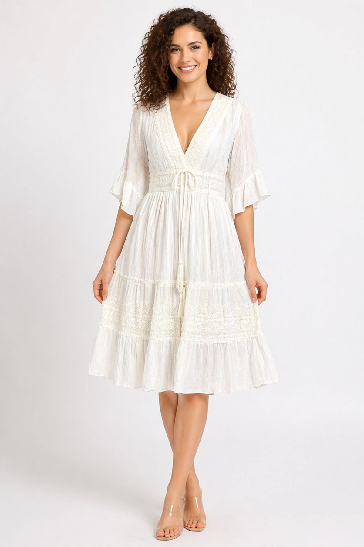 26458 Women's Boho V-Neck Embroidered Midi Dress – Multi Color Embroidery - Advance Apparels Inc