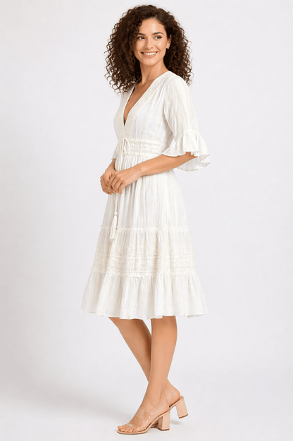 26458 Women's Boho V-Neck Embroidered Midi Dress – Multi Color Embroidery - Advance Apparels Inc