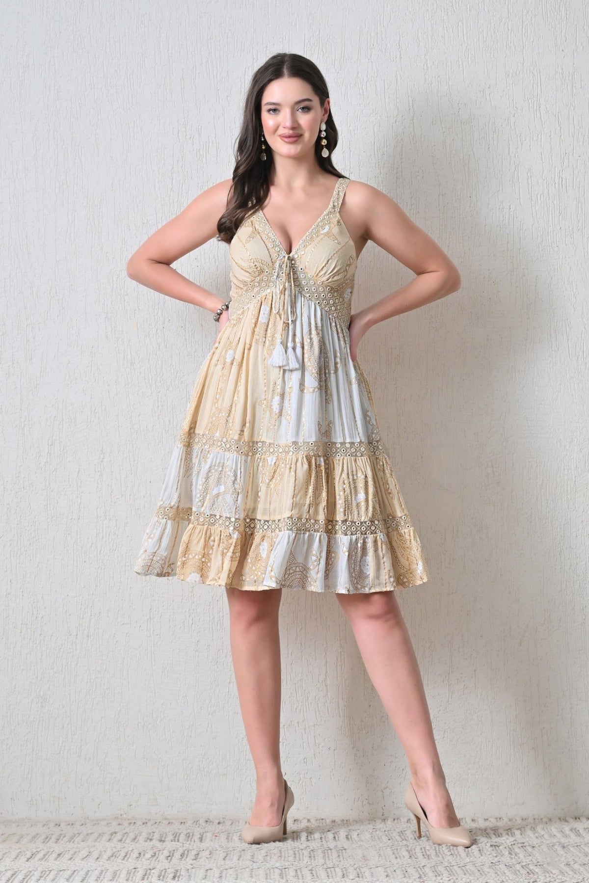 26459 Bohemian Tiered Midi Dress – Tassel Tie Front – Assorted Colors - Advance Apparels Inc