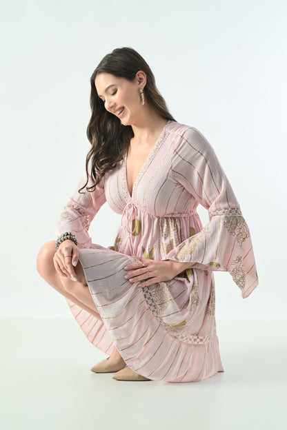 26461 Boho Embroidered Mini Dress with Gold Details – Rayon - Advance Apparels Inc