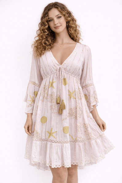 26461 Boho Embroidered Mini Dress with Gold Details – Rayon - Advance Apparels Inc