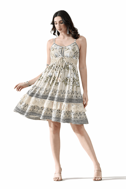 26464 Printed V-Neck Tiered Mini Dress with Lace Detail – Rayon - Advance Apparels Inc