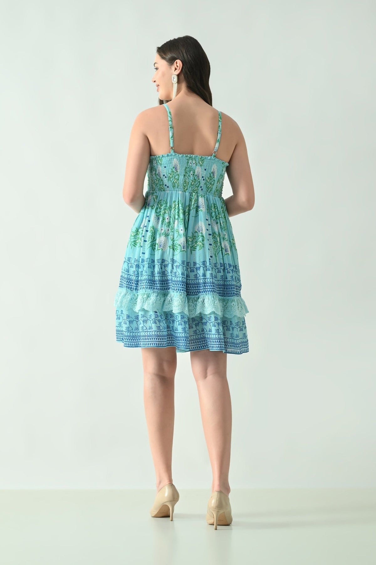 26464 Printed V-Neck Tiered Mini Dress with Lace Detail – Rayon - Advance Apparels Inc