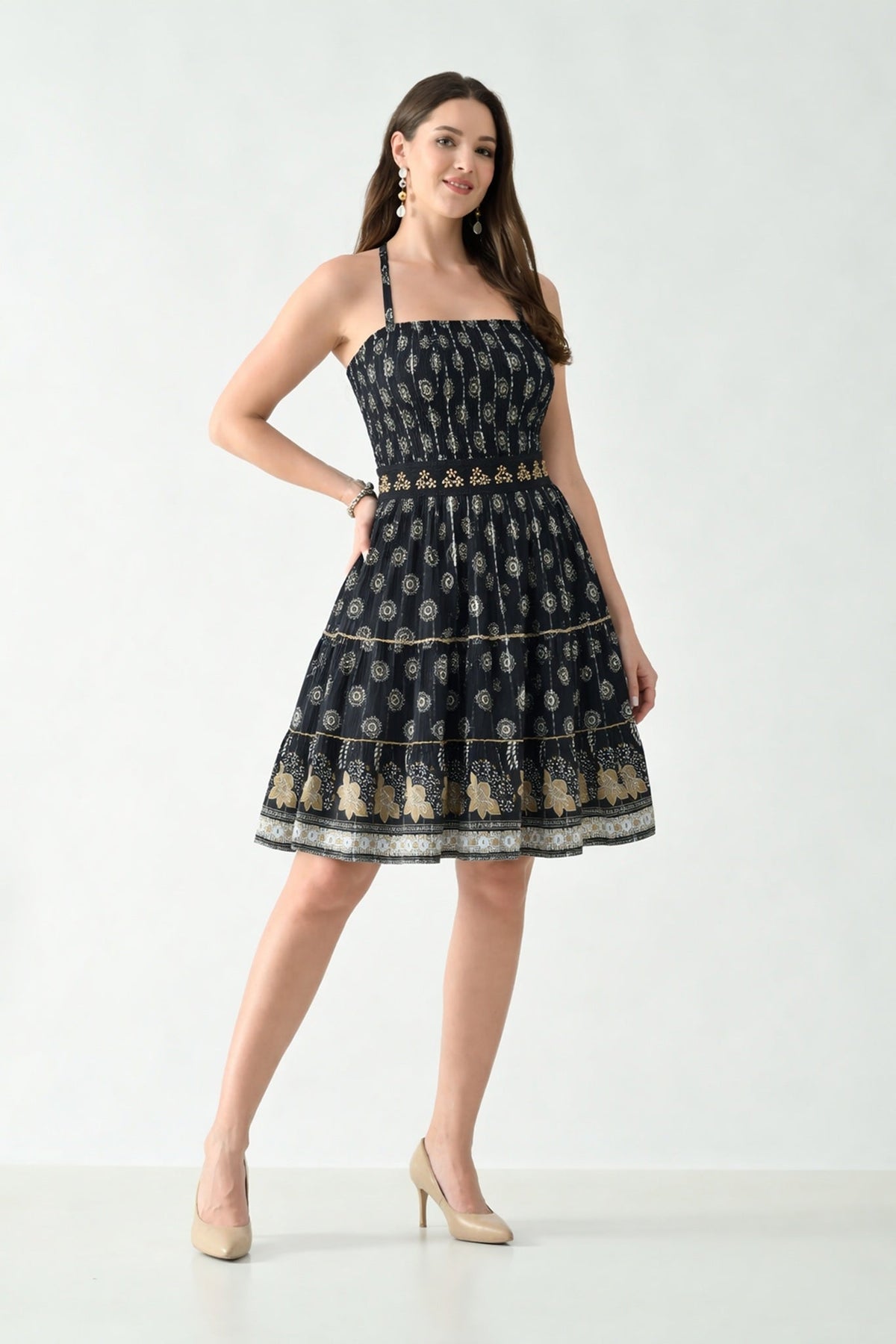 26465 Boho Smocked Mini Dress with Gold Print – Halter Neck Sundress - Advance Apparels Inc