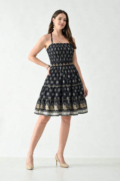 26465 Boho Smocked Mini Dress with Gold Print – Halter Neck Sundress - Advance Apparels Inc