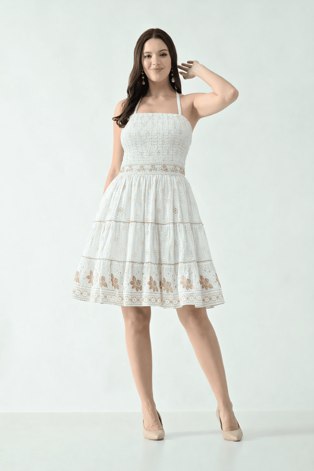26465 Boho Smocked Mini Dress with Gold Print – Halter Neck Sundress - Advance Apparels Inc