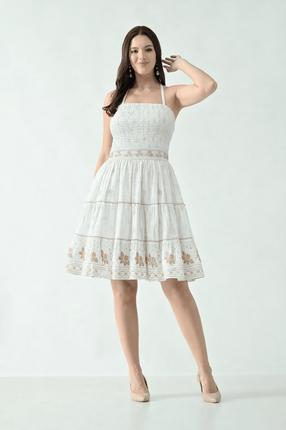 26465 Boho Smocked Mini Dress with Gold Print – Halter Neck Sundress - Advance Apparels Inc