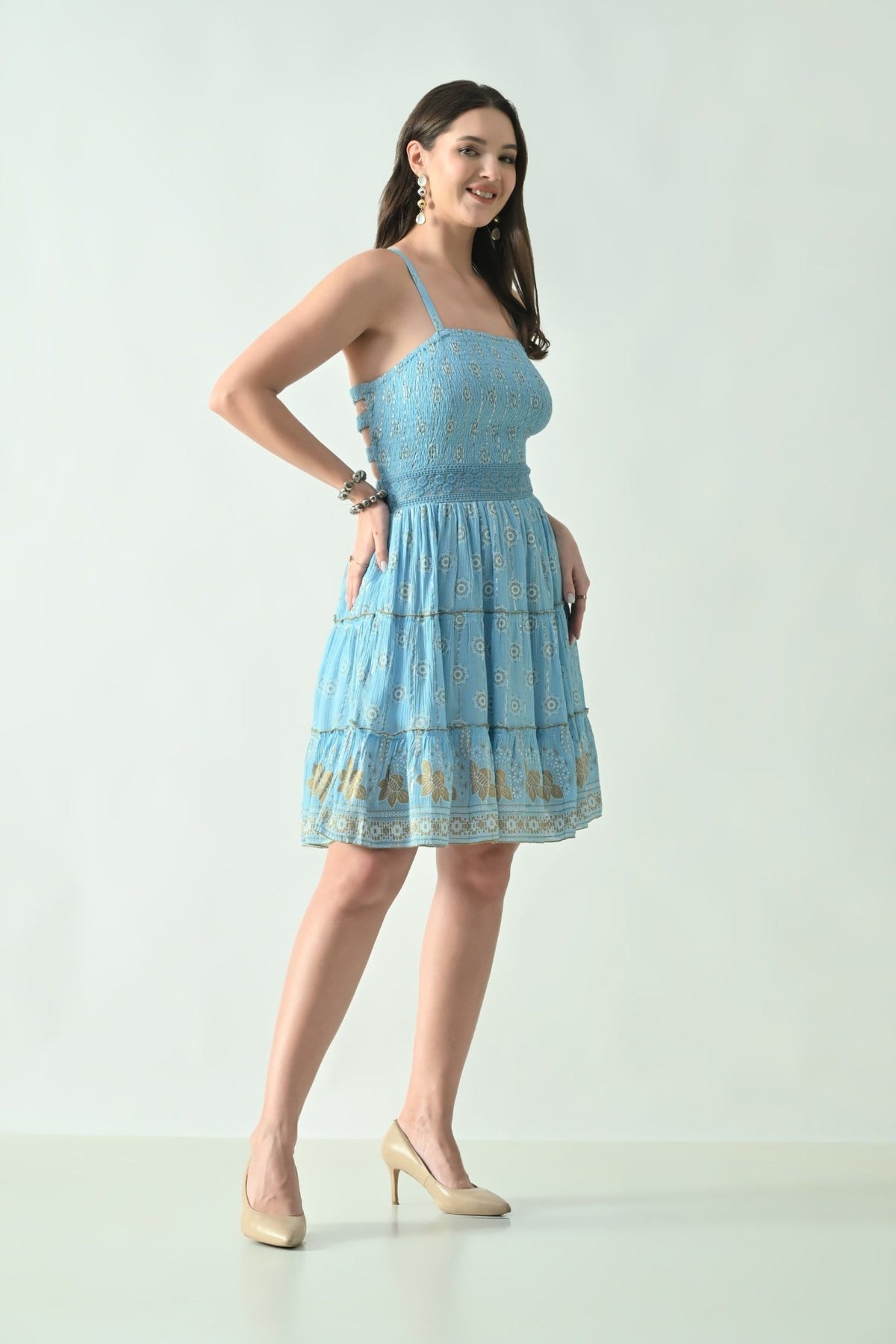 26465 Boho Smocked Mini Dress with Gold Print – Halter Neck Sundress - Advance Apparels Inc