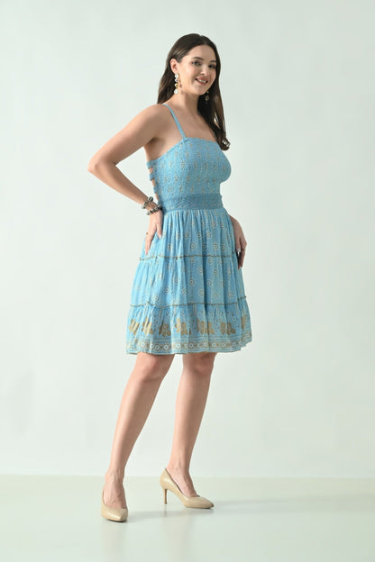26465 Boho Smocked Mini Dress with Gold Print – Halter Neck Sundress - Advance Apparels Inc