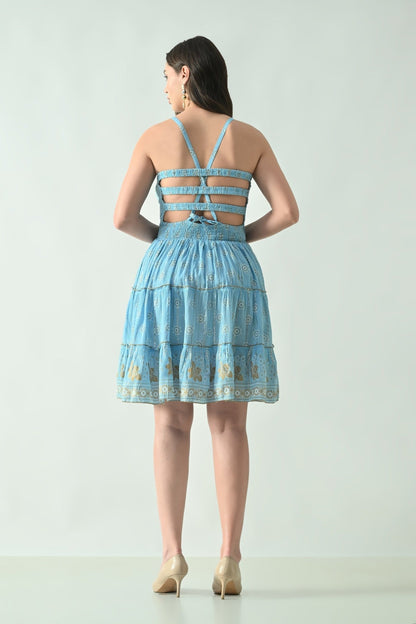 26465 Boho Smocked Mini Dress with Gold Print – Halter Neck Sundress - Advance Apparels Inc