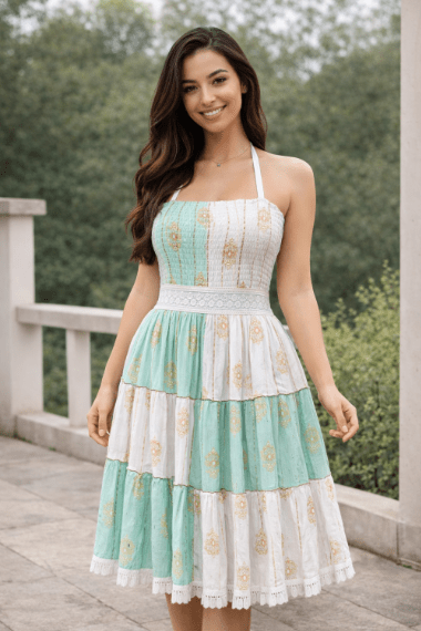 26467 Women's Smocked Halter Tiered Mini Dress – Assorted Colors with Gold Print - Advance Apparels Inc