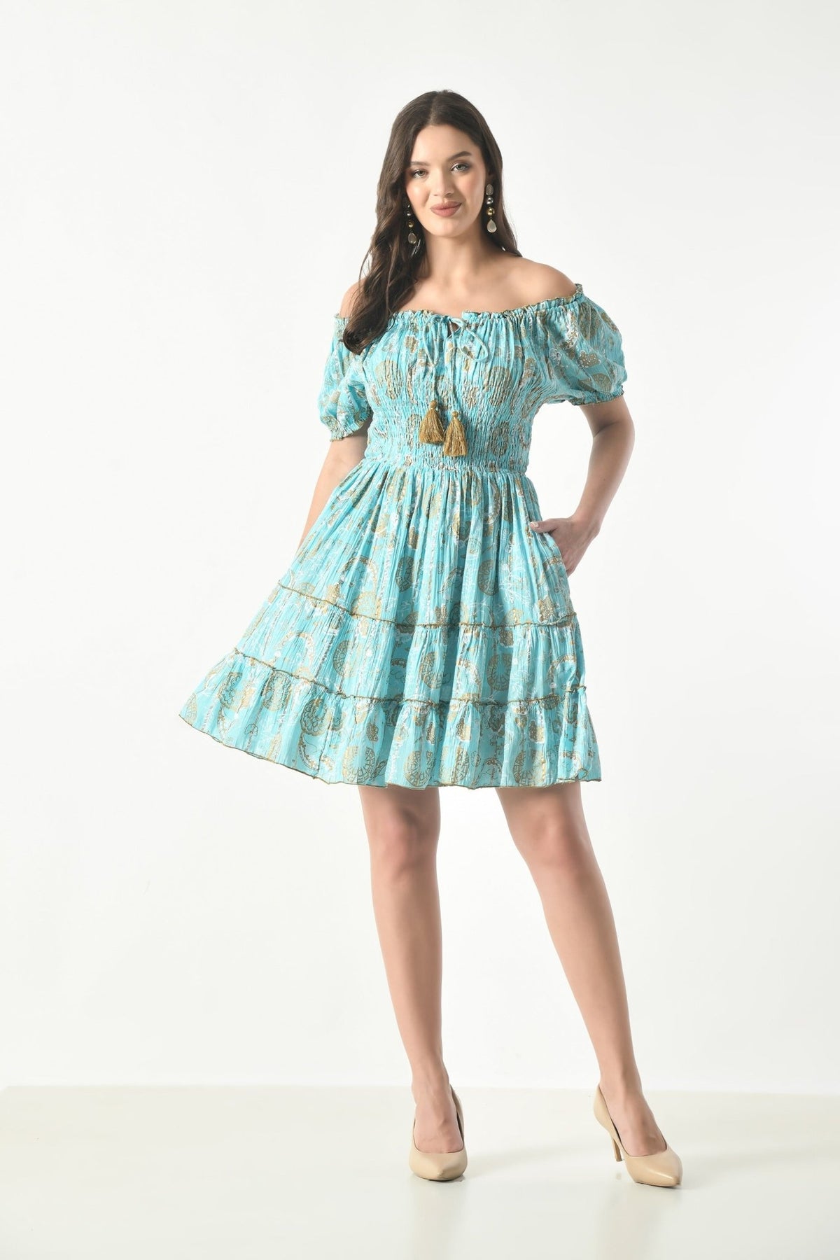 26468 Off-Shoulder Smocked Rayon Mini Dress with Tassel Tie - Advance Apparels Inc