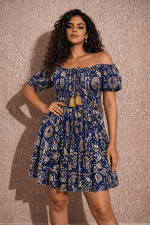 26468 Off-Shoulder Smocked Rayon Mini Dress with Tassel Tie - Advance Apparels Inc