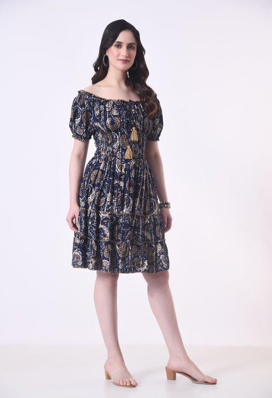 26468 Off-Shoulder Smocked Rayon Mini Dress with Tassel Tie - Advance Apparels Inc