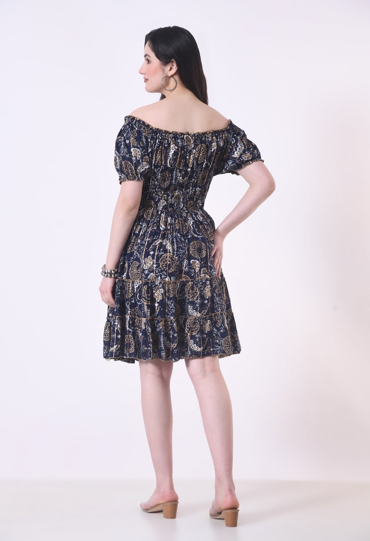 26468 Off-Shoulder Smocked Rayon Mini Dress with Tassel Tie - Advance Apparels Inc