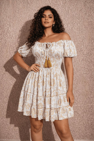 26468 Off-Shoulder Smocked Rayon Mini Dress with Tassel Tie - Advance Apparels Inc