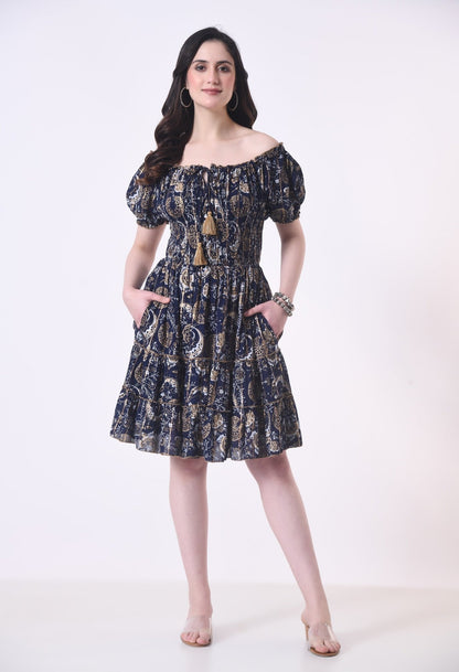 26468 Off-Shoulder Smocked Rayon Mini Dress with Tassel Tie - Advance Apparels Inc