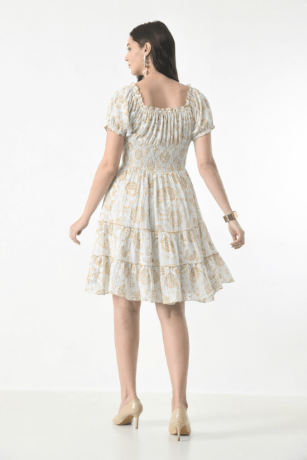 26468 Off-Shoulder Smocked Rayon Mini Dress with Tassel Tie - Advance Apparels Inc