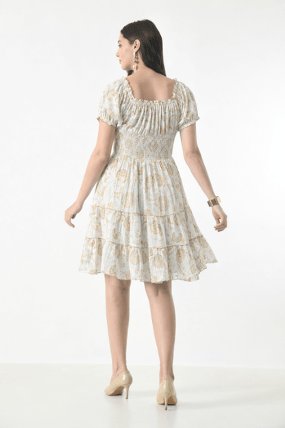 26468 Off-Shoulder Smocked Rayon Mini Dress with Tassel Tie - Advance Apparels Inc