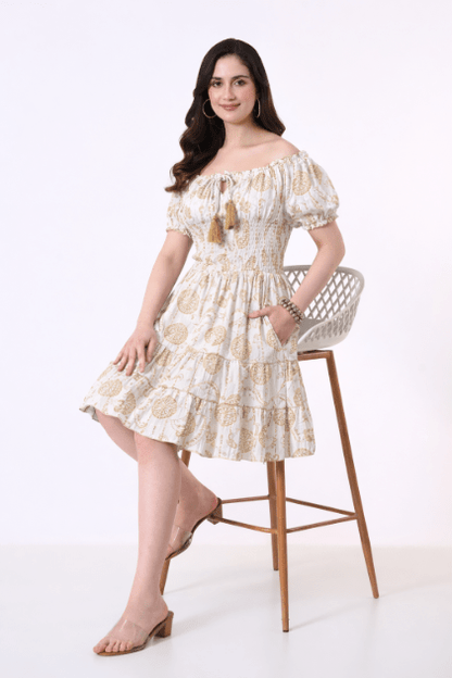 26468 Off-Shoulder Smocked Rayon Mini Dress with Tassel Tie - Advance Apparels Inc